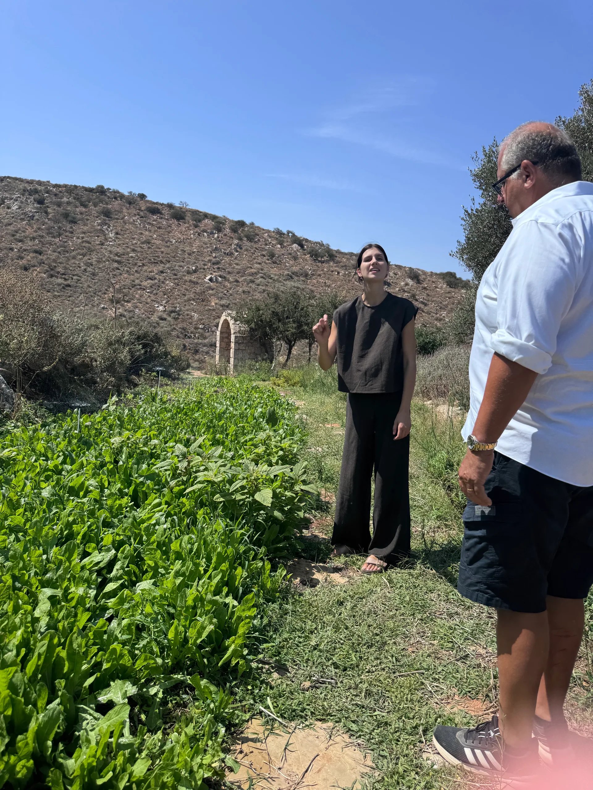 A woman in black speaking beside a leafy vegetable bed while a man in a white shirt listens