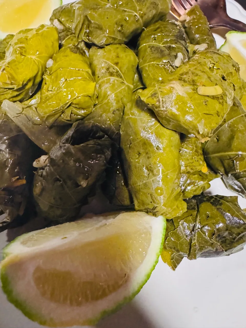 Stuffed grape leaves arranged on a white plate beside a citrus wedge