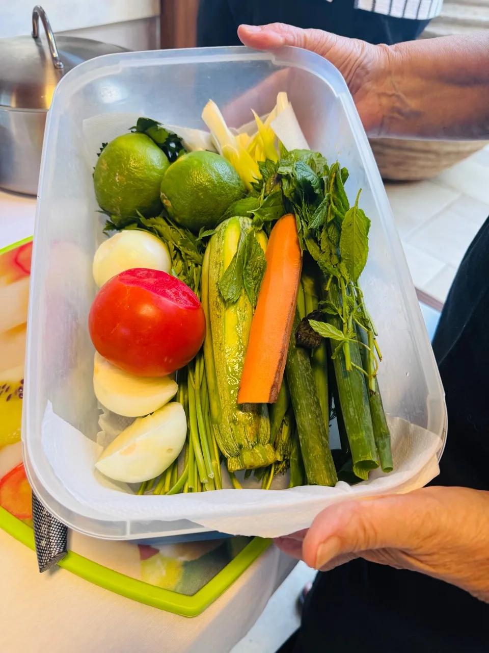 Hands holding a container of tomatoes, onion, carrot, zucchini, citrus and fresh herbs
