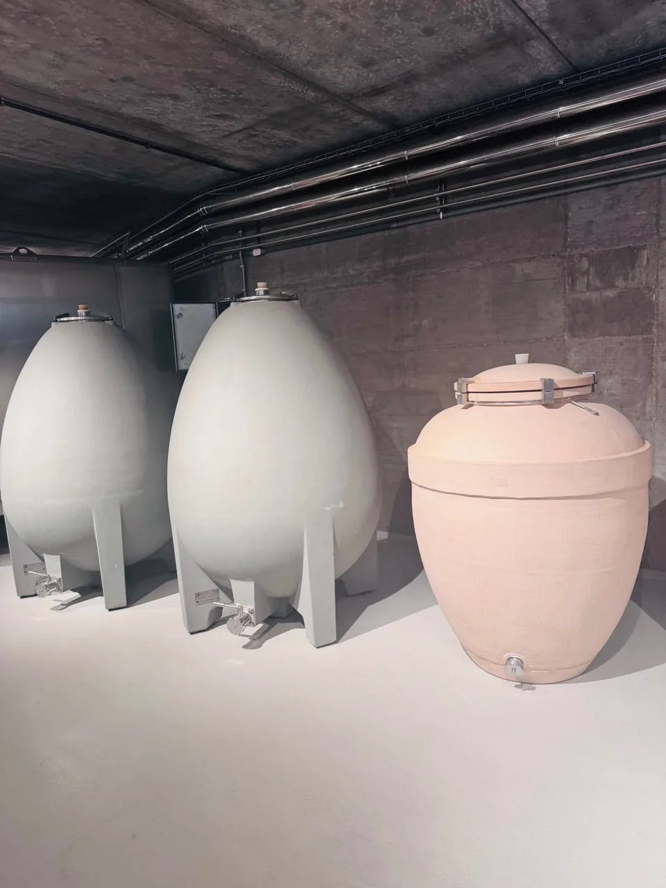 Egg-shaped and terracotta wine vessels inside the underground facility