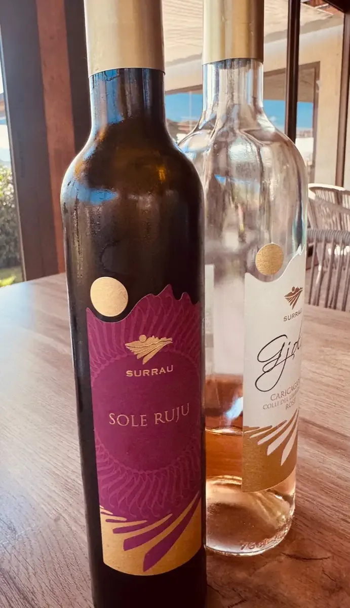 Bottles of Surrau Sole Ruju and Gjola on the tasting table