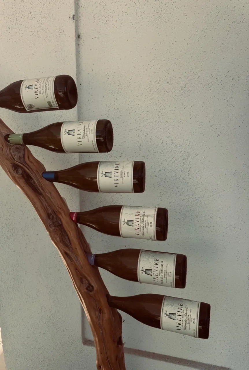 Vike Vike bottles displayed along a sculptural wooden branch